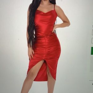 Red Satin Midi Dress